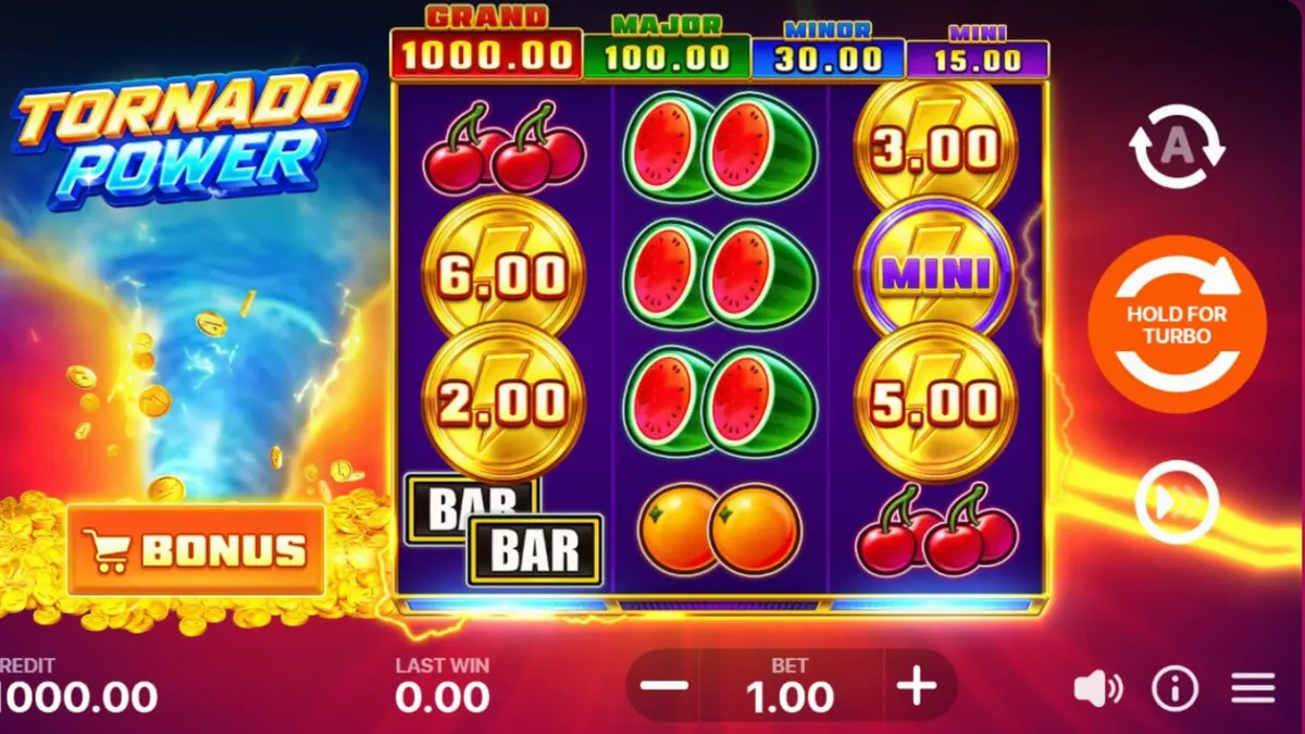 Tampilan visual slot Tornado Power: Hold and Win dengan elemen petir dan simbol buah klasik.